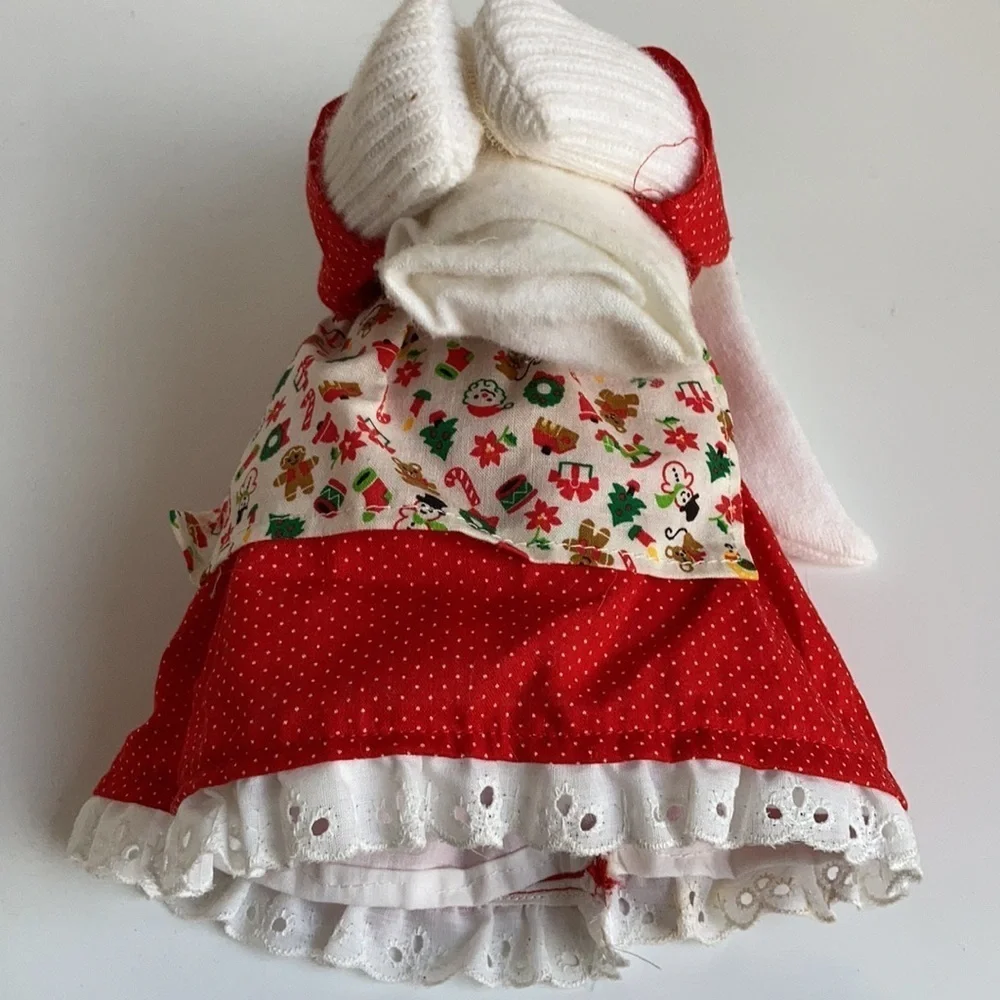 Vintage 80s Christmas sock bunny and baby red dress and Christmas print apron